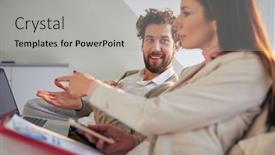  Presentation with atmosphere - Presentation theme consisting of cheerful-business-couple-sitting background and a light gray colored foreground