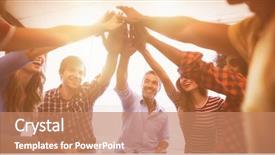  Presentation with giving - Colorful slide set enhanced with cheerful business people giving high backdrop and a coral colored foreground