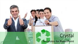  Presentation with business people moving gear - Cool new presentation with cheerful business people showing backdrop and a seafoam green colored foreground