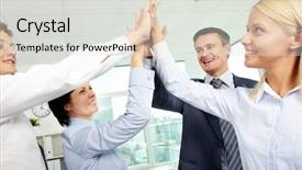  Presentation with victory team - PPT layouts with cheerful business team holding their background and a light gray colored foreground