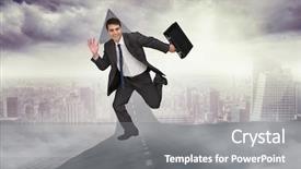  Presentation with cheerful - Theme having cheerful businessman in a hurry against road turning into arrow background and a gray colored foreground