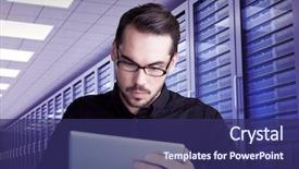  Presentation with server room - Presentation design enhanced with cheerful businessman in glasses using tablet against server room background and a navy blue colored foreground