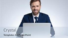  Presentation with cheerful - Audience pleasing PPT theme consisting of cheerful-businessman-laughing-while-wearing backdrop and a light blue colored foreground