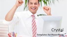  Presentation with celebration - Slides having cheerful businessman punching the air in celebration in the office background and a white colored foreground