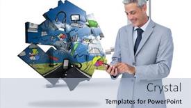  Presentation with text message - Presentation theme enhanced with cheerful businessman sending text message against white steps leading to open door background and a light blue colored foreground