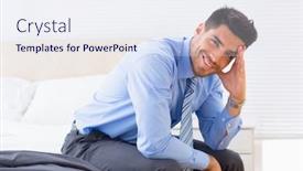  Presentation with bed - Cool new slide set with cheerful-businessman-sitting-at-edge backdrop and a sky blue colored foreground