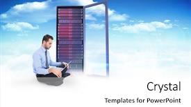  Presentation with cheerful - Presentation featuring cheerful businessman sitting on the floor using laptop against composite image of server tower background and a white colored foreground