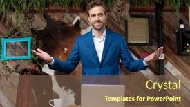  Presentation with book wide open - Presentation with cheerful-businessman-smiling-and-inviting background and a tawny brown colored foreground
