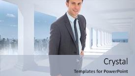  Presentation with hip - Colorful theme enhanced with cheerful businessman standing with hand on hip against bright white hall with columns backdrop and a light blue colored foreground