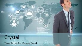  Presentation with hip - Cool new slide deck with cheerful businessman standing with hand on hip against city scene in a room backdrop and a light blue colored foreground