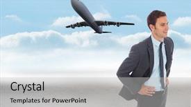  Presentation with hip - Amazing presentation theme having cheerful businessman standing with hand on hip against cloudy landscape background backdrop and a light gray colored foreground