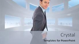  Presentation with windows - Colorful PPT theme enhanced with cheerful businessman standing with hands on hips against bright white room with windows backdrop and a light blue colored foreground