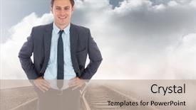  Presentation with tracks - Amazing slide set having railway profi happy business - cheerful businessman standing with hands backdrop and a mint green colored foreground