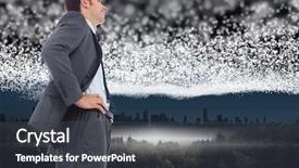  Presentation with stars - Presentation design featuring cheerful businessman standing with hands on hips against bright stars of energy over landscape background and a tawny brown colored foreground