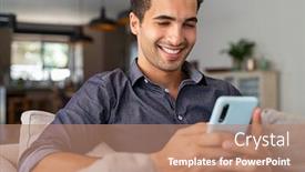  Presentation with mobile home - Slide deck having cheerful-businessman-using-smartphone background and a coral colored foreground