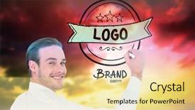  Presentation with blue orange - Audience pleasing PPT theme consisting of cheerful businessman writing with marker against blue and orange sky with clouds backdrop and a blonde colored foreground