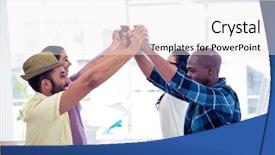  Presentation with activity - Amazing presentation design having cheerful businessmen and businesswomen performing group activity at creative office backdrop and a white colored foreground