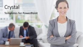  Presentation with cheerful - Beautiful slide deck featuring cheerful businesswoman posing while her colleagues are working in bright office backdrop and a sky blue colored foreground