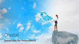  Presentation with electric guitar - Colorful presentation theme enhanced with cheerful businesswoman standing on rock edge and playing electric guitar backdrop and a light blue colored foreground