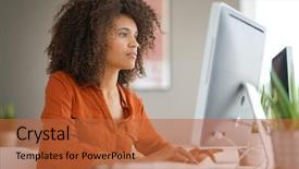  Presentation with old desktop computer - Audience pleasing presentation theme consisting of cheerful businesswoman working on desktop backdrop and a red colored foreground