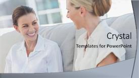  Presentation with working together - Presentation theme having cheerful businesswomen talking and working background and a  colored foreground