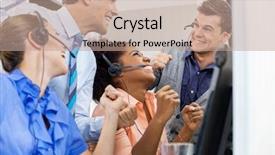  Presentation with call center - Slide set having cheerful call center employees celebrating background and a coral colored foreground