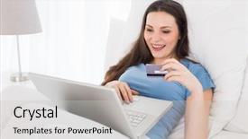  Presentation with online shopping - PPT theme enhanced with slide - group of happy cheerful people background and a  colored foreground.