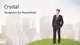  Presentation with faded - Amazing presentation theme having cheerful caucasian elegant sales manager standing in small green grass in front of faded city landscape tall buildings concept backdrop and a sky blue colored foreground