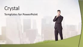  Presentation with tall buildings - PPT theme featuring cheerful caucasian elegant sales manager background and a sky blue colored foreground