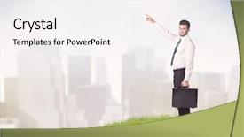  Presentation with tall buildings - PPT theme with cheerful caucasian elegant sales manager background and a white colored foreground