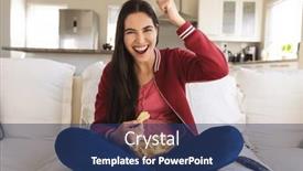  Presentation with snacks - Presentation design featuring cheerful-caucasian-young-woman-screaming background and a ocean colored foreground