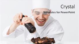  Presentation with cook chef - Cool new slide set with cheerful chef cook wearing uniform backdrop and a  colored foreground