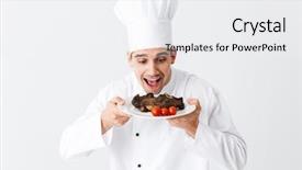  Presentation with cook chef - Cool new slides with cheerful chef cook wearing uniform backdrop and a  colored foreground