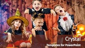  Presentation with halloween - Cool new theme with cheerful children in halloween costumes backdrop and a tawny brown colored foreground