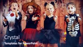  Presentation with barn - Theme enhanced with cheerful children in halloween costumes celebrating halloween in a wooden barn with pumpkins halloween concept background and a navy blue colored foreground