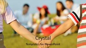  Presentation with children hands - Cool new slide set with cheerful children on beautiful summer meadow holding hands together backdrop and a gold colored foreground