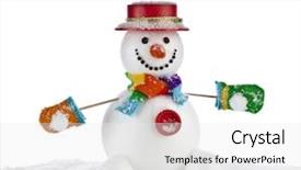  Presentation with snowman - Slide deck enhanced with cheerful christmas snowman in a striped scarf mittens with red hat sitting on a snowdrift isolated on white background background and a white colored foreground
