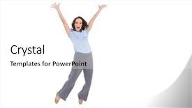  Presentation with classy - Amazing slide deck having cheerful classy businesswoman jumping on white background backdrop and a white colored foreground