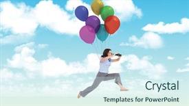  Presentation with classy - Theme having cheerful classy businesswoman jumping while holding binoculars against blue sky background and a sky blue colored foreground