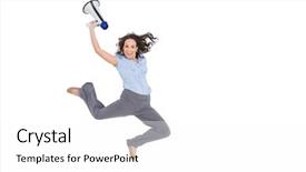  Presentation with classy - Cool new presentation theme with cheerful classy businesswoman on white background jumping while holding megaphone backdrop and a white colored foreground