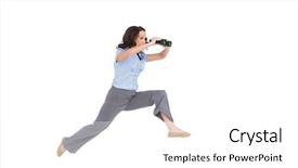 Presentation with classy - Presentation theme with cheerful classy businesswoman on white background jumping while holding binoculars background and a white colored foreground