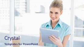  Presentation with classy - Audience pleasing PPT layouts consisting of cheerful classy woman using tablet while having a break in bright office backdrop and a sky blue colored foreground