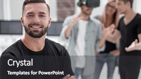  Presentation with virtual reality rehab - Slide deck consisting of cheerful colleagues testing virtual reality background and a dark gray colored foreground