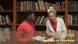  Presentation with college students - PPT theme with cheerful-college-students-studying-together background and a tawny brown colored foreground