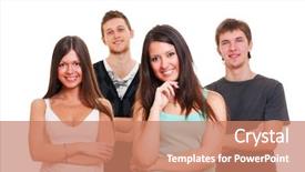  Presentation with company - PPT layouts having cheerful company of young people isolated on white background background and a coral colored foreground