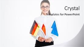  Presentation with european union - Presentation enhanced with cheerful confident young businesswoman in glasses holding flags of poland germany and european union over white background background and a sky blue colored foreground