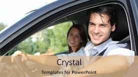  Presentation with driving - PPT theme consisting of cheerful couple driving car background and a coral colored foreground