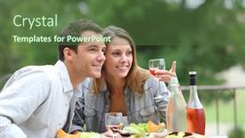 Presentation with lunch - Cool new PPT theme with cheerful couple having lunch in hotel garden backdrop and a tawny brown colored foreground