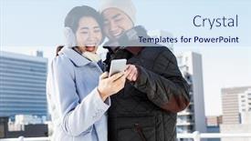  Presentation with smart building - Presentation design with cheerful couple looking at the smart phone against the building background and a sky blue colored foreground