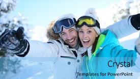  Presentation with cheerful - Slide deck enhanced with cheerful couple of skiers showing thumbs up background and a light blue colored foreground